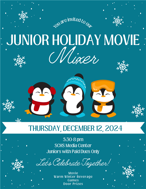 The Junior holiday movie mixer will be on 12/12, from 5:30-8:00 PM. 